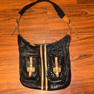 VTG SUNDANCE  Leather Black Tan Zip Hobo Adj.Shoulder Bag BOHO-Chic RARE HTF